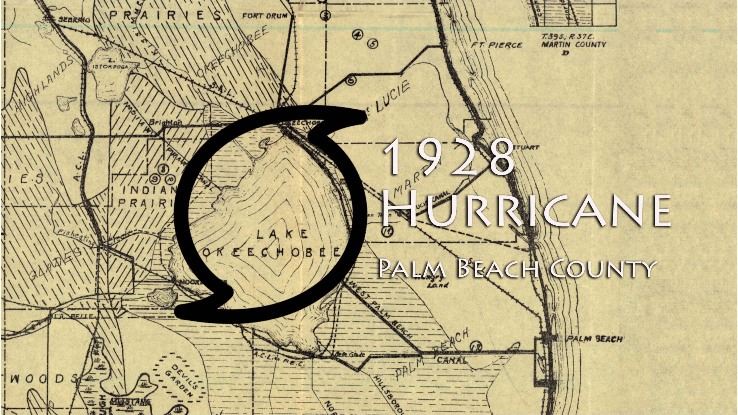 1928 map aerial view of Palm Beach County with hurricane icon over it.