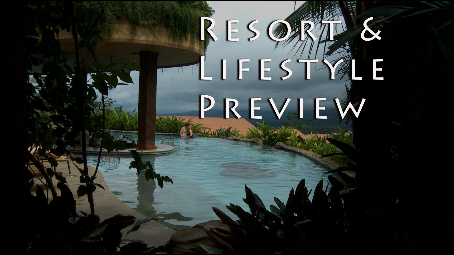 A pool with tropical flowers surrounding it. Text reads “Resort and lifestyle preview